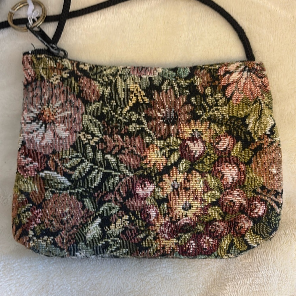 TAPESTRY MINI CROSSBODY COLORFUL ZIP CLOSURE ON TOP BLACK NYLON STRING CROSSBODY
